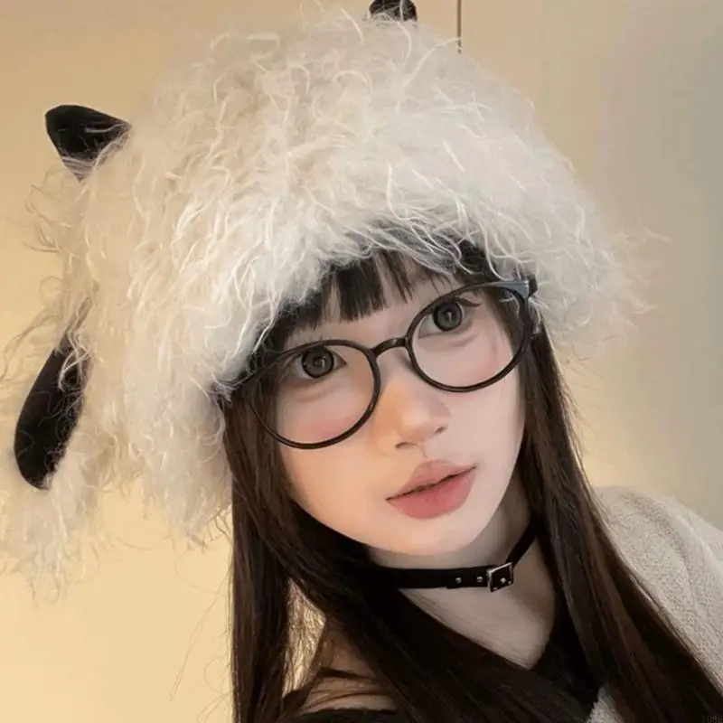 Women Head Wrap Thicken Furry Lamb Hat for Climbing Skiing Sports Headwear Y08E