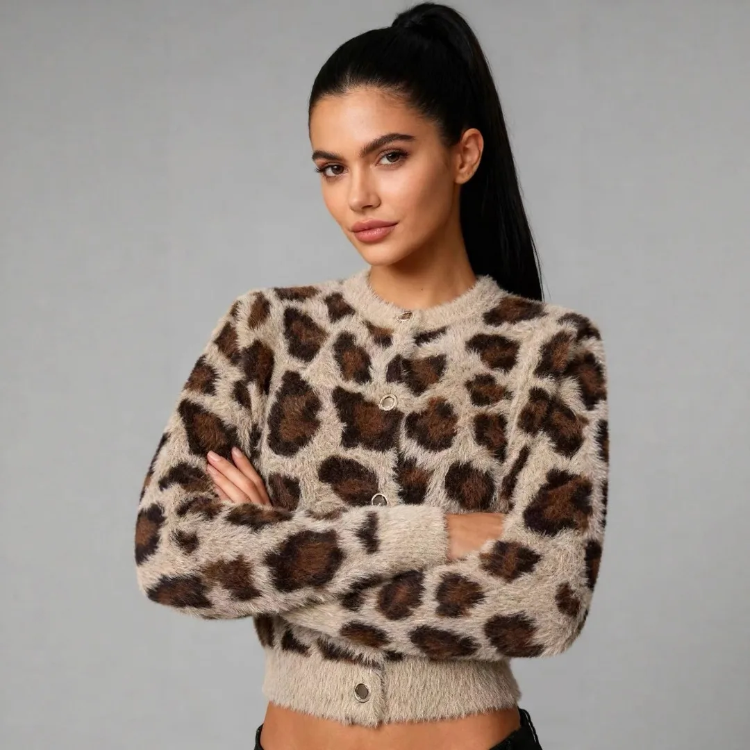 

Temperamental Leopard Print Sweater for Women Trendy and Fashionable Leopard Print Element Cardigan Retro Round Neck Sweater
