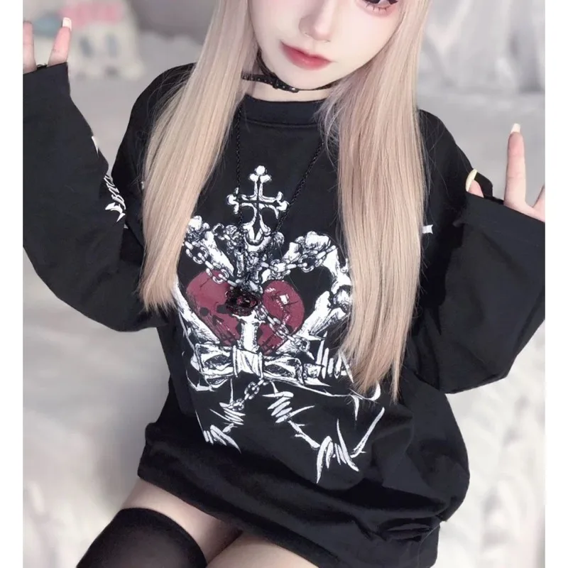 

Весенне-осенняя новая большая субкультура, свободная и тонкая универсальная футболка с длинными рукавами в стиле рок, простая и удобная темная футболка для пар