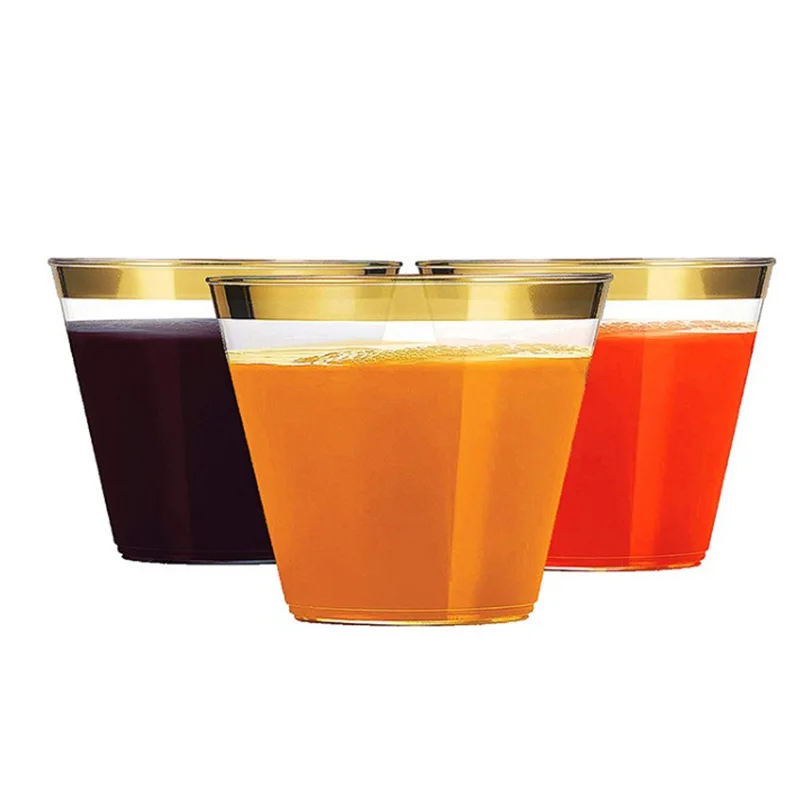 10pcs Disposable Durable Plastic Wine Goblet Cup Gold Rimmed Fancy Glitter pattern Party Wedding Celebration Large Capacity