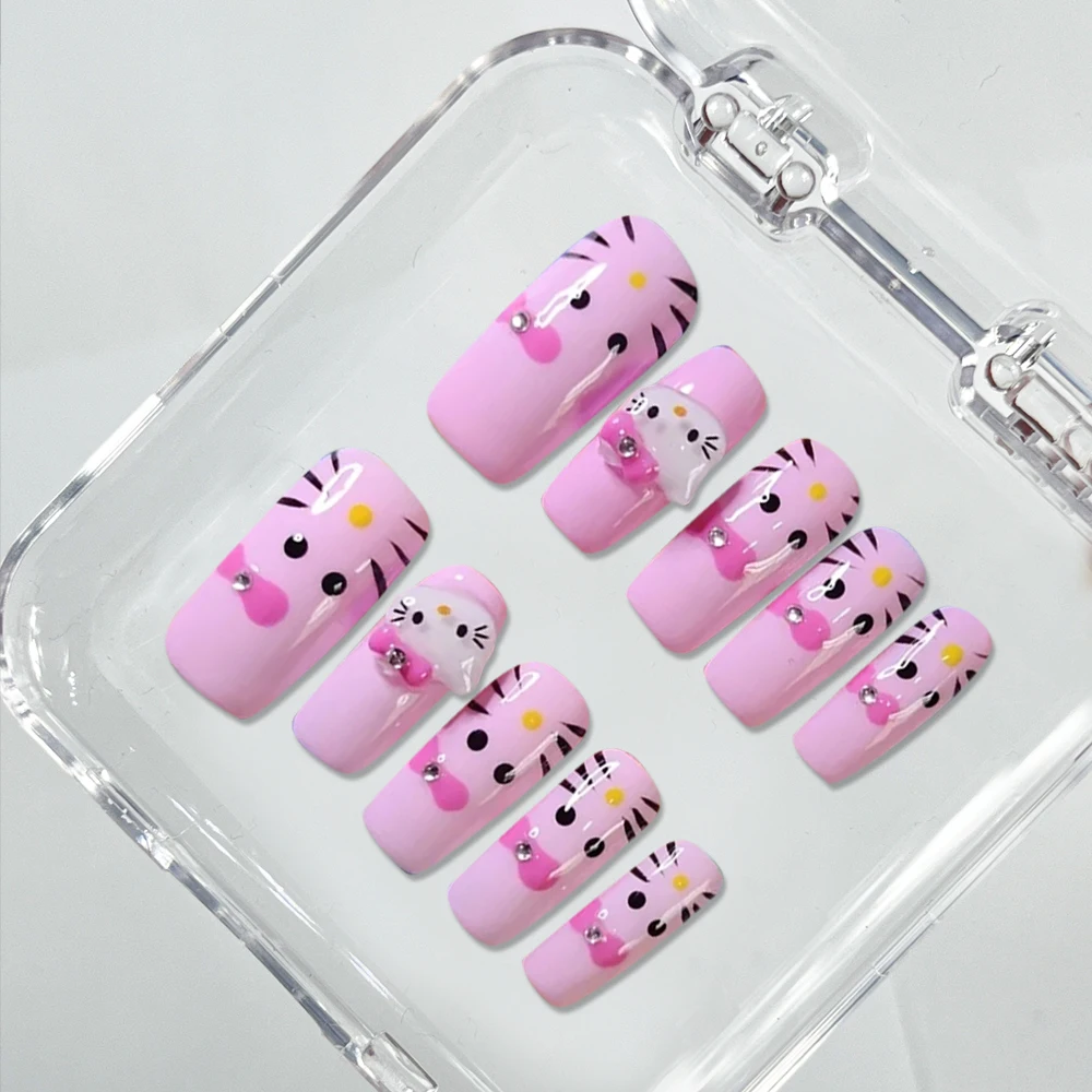 

Pure Handmade Long Coffin Fake Nails Black Skin Hello Kitty Spice Girl Y2K Leopard Print Design Artifical Full Cover Nails Art