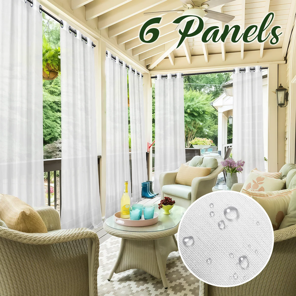6 PCS Outdoor Waterproof Semi-sheer Natural Linen Garden Decor Grommet Top Curtains for Patio, Porch, Pergola, Gazebo, Cabana