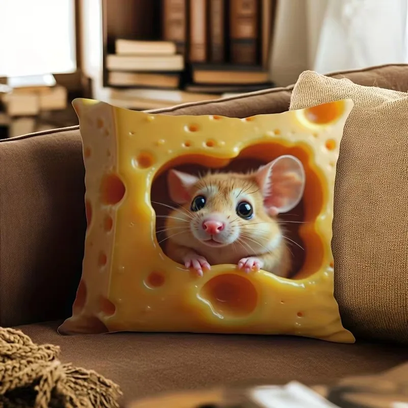 Double Sided Lovely Mouse-in-Cheese Pillow Cover, Soft Polyester 2D Print Cushion for Sofa Bedroom Living Room Dorm Decor