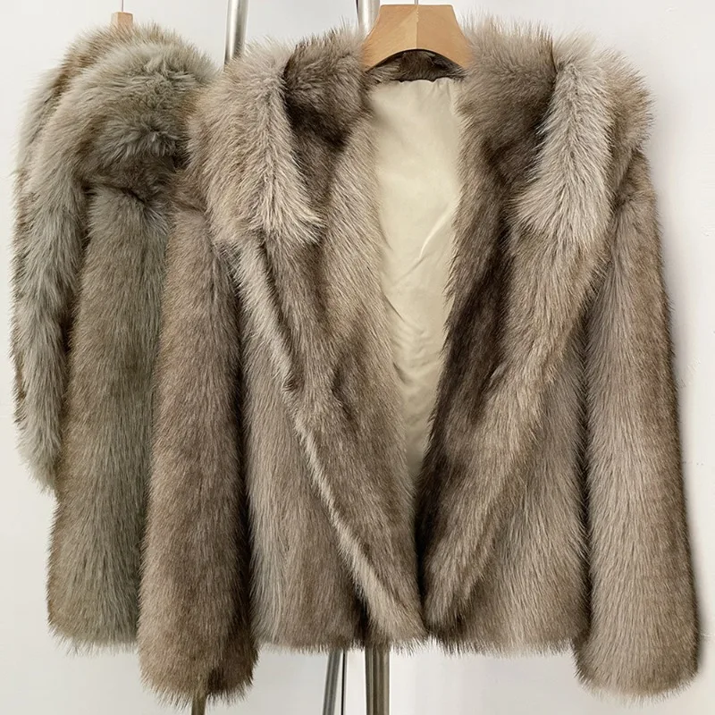2026 Streetwear Faux Fur Coat Women's Winter Short Fox Fur Jacket Hooded Thicken Striped Double-faced Furs Female Loose Overcoat