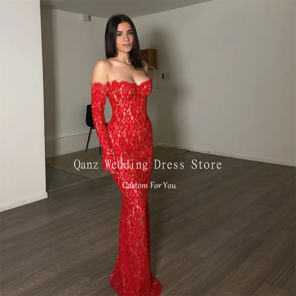 Qanz Red Full Lace Illusion Wedding Party Dress Mermaid Sweetheart Evening Dresses Corset Back  Prom Dresses 2025 Customized
