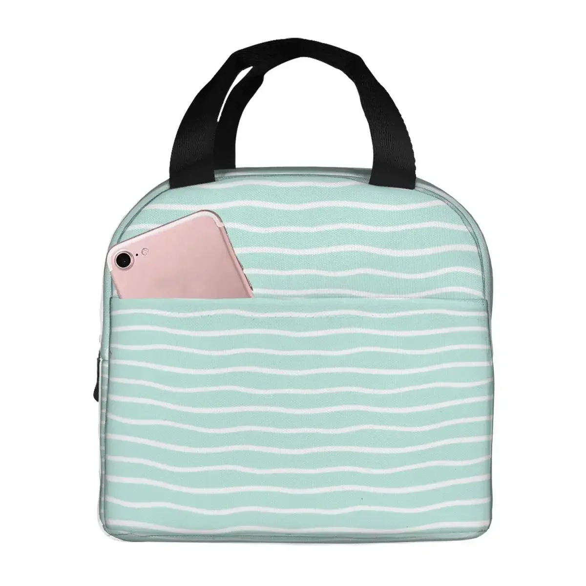 Green Wavy Stripes Lunch Bag Portable Insulated Oxford Cooler Thermal Cold Food School Lunch Box for Women Kids