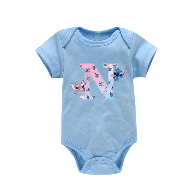 Disney Stitch Letter A-Z Baby Boy Clothes New Anime Kawaii Cute Newborn Rompers Summer Blue Bodysuits One-Pieces Jumpsuits Gift