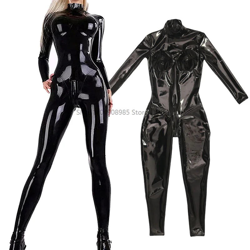 

Women's Glitter PVC Latex Catsuit Open Crotch Rubber Long Sleeve Wet Look Fetish Wetsuit Sexy Detached Open-Cup Latex Catsuit