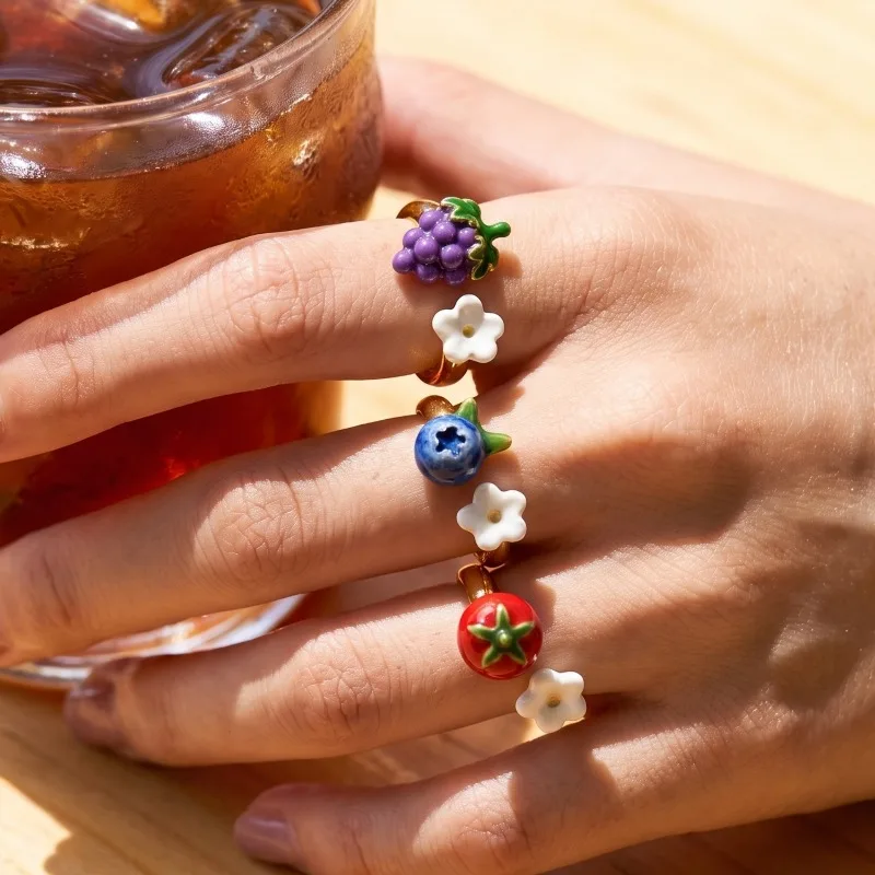 Cute Enamel Fruit Flower Open Rings Tomato Lemon Grape Cherry Whiter Flowe Adjustable Finger Rings Sweet Jewelry for Women Girls