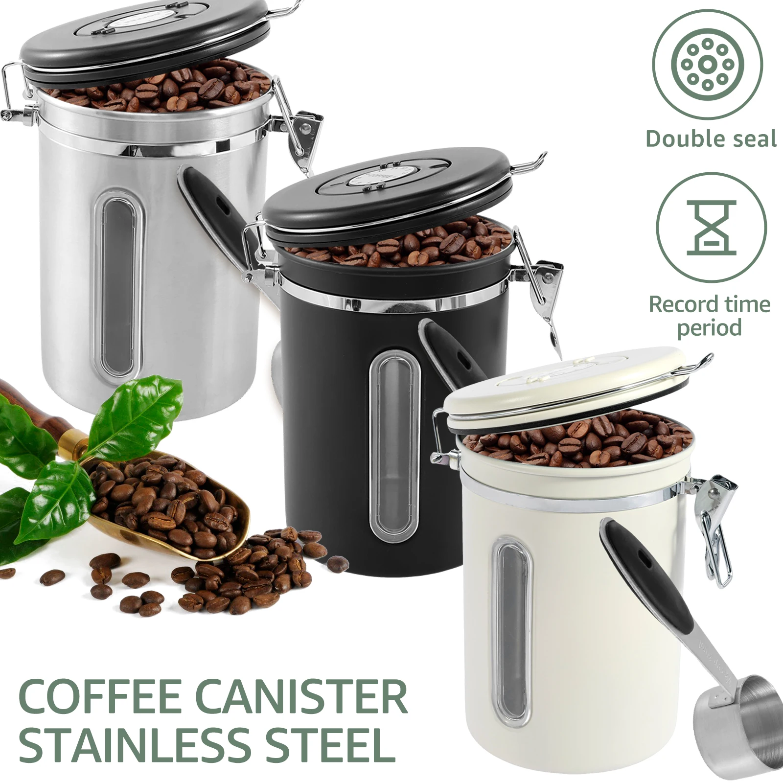 1.8L Coffee Bean Vacuum Sealed Tank Stainless Steel Multifunctional Storage Canister with Date Tracker Scoop for Tea Flour Cerea