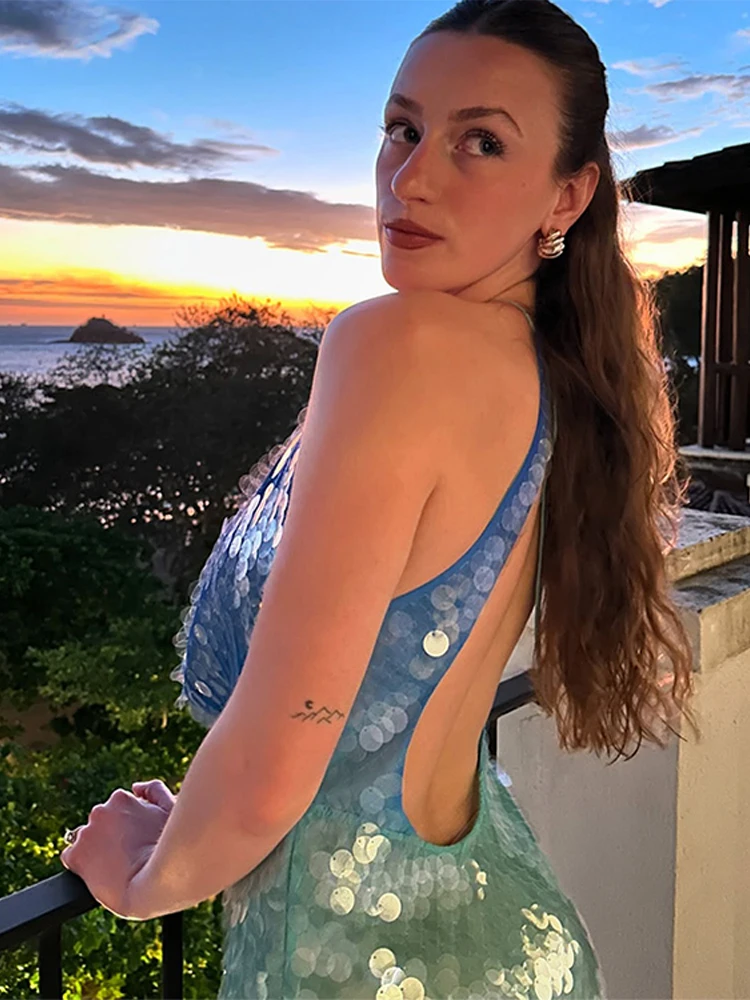 セクシーなスパンコールのキラキラ輝くミニドレス レディース 高級 ブルーグリーン パッチワーク ホルターネック ショートドレス 夏のイブニングパーティー ブライトドレス 2025