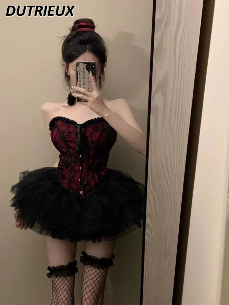 

Retro Sweet Girl Court Style Sexy Tube Top Summer New High Waist Slimming Puffy Short Skirt Two-Piece Set Outfits for Women