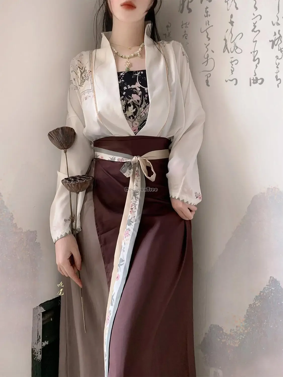 2023 chinese hanfu improved women's song dynasty clothes three-piece hanfu set spring and summer printed daily retro hanfu s380