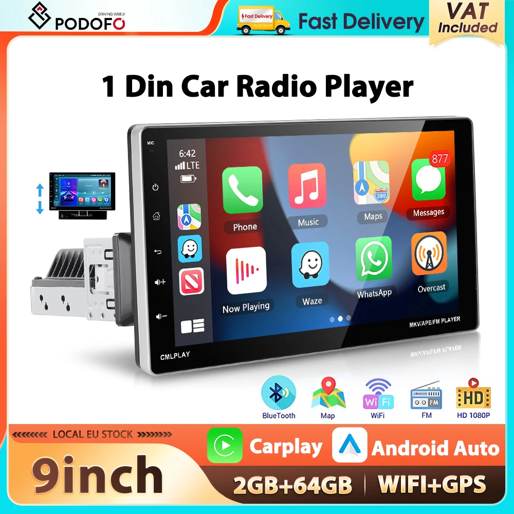 Podofo 2+64G Android Autoradio 1Din 9'' Multimedia-Player GPS-Navigation WLAN Bluetooth FM/RDS Mirror Link USB 1080P Auto-Audio