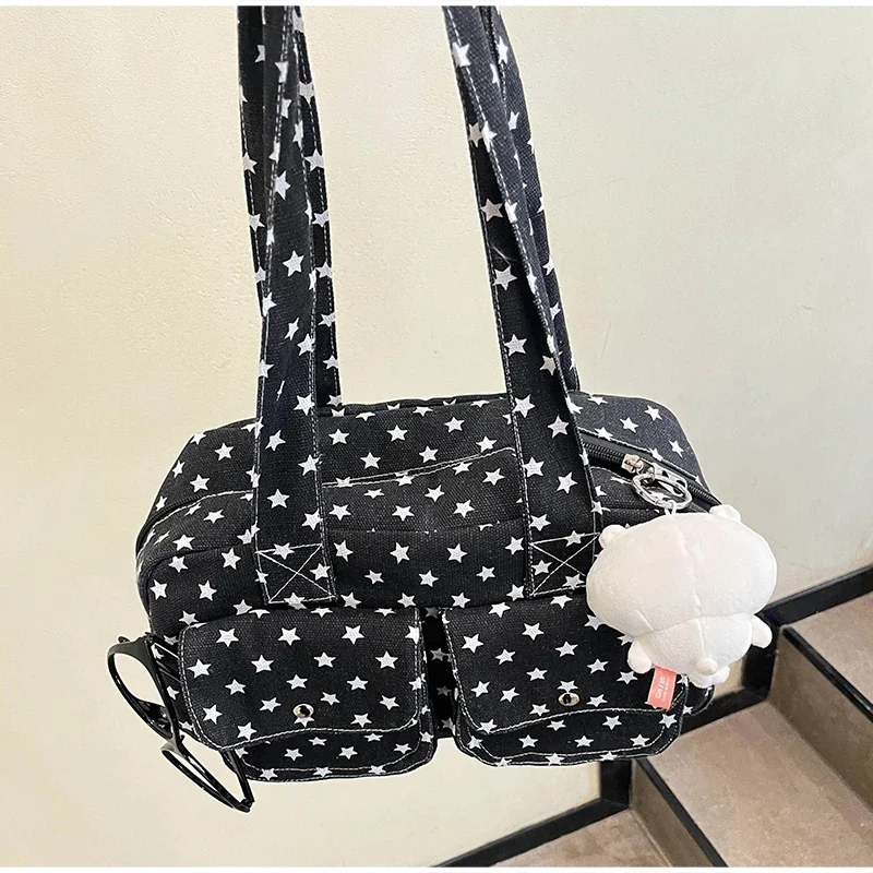 Schultertasche mit mehreren Taschen und Sternenmuster, gepunktet, für Damen, Canvas-Tragetasche, koreanische süße, niedliche, lässige Handtasche für Pendler und Reisen – Detail 35