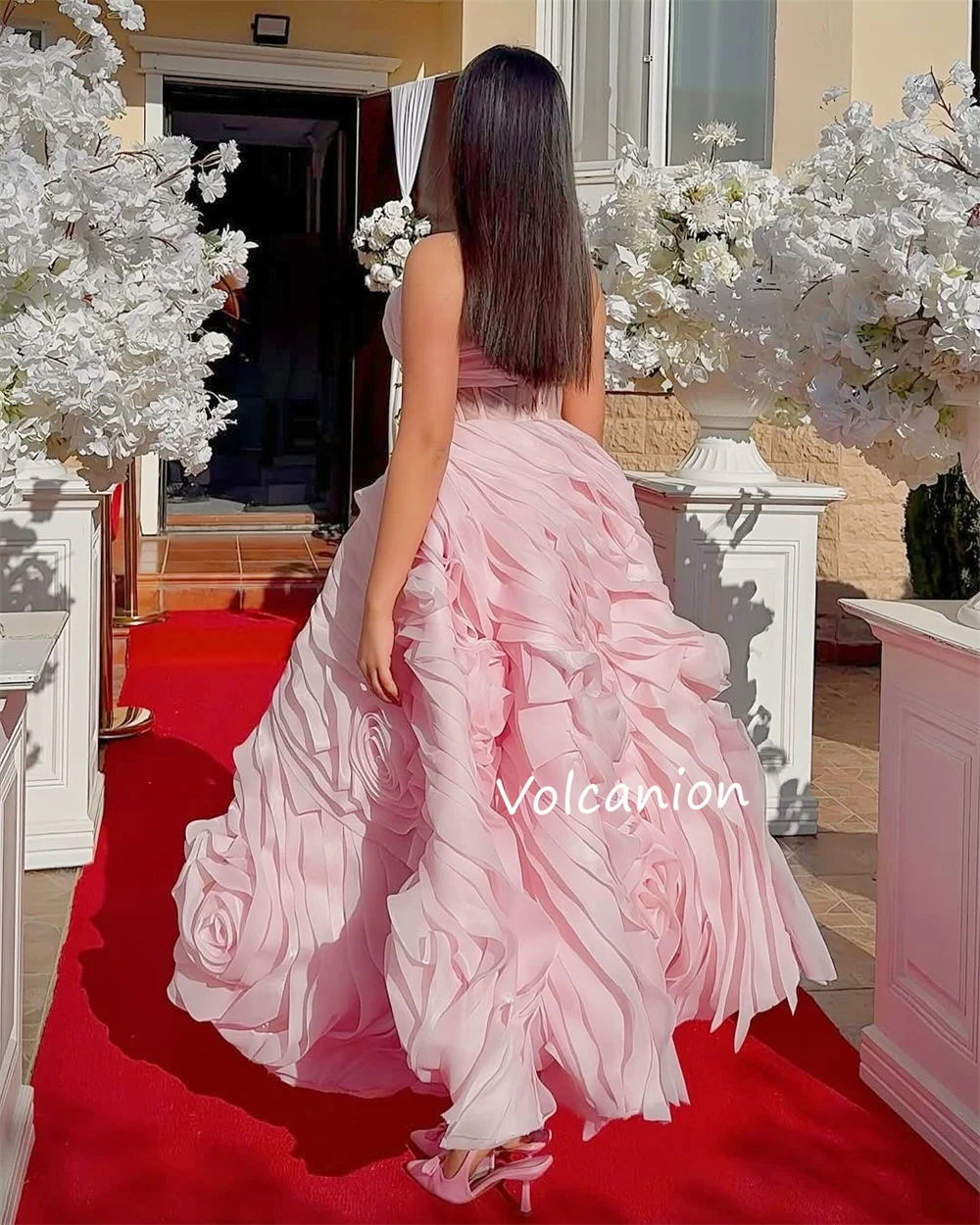 تخصيص الأورجانزا كشكش زهرة حمالة الكرة ثوب فساتين متوسطة الطول مناسبة مخصصة بسيطة رائعة ذات جودة عالية