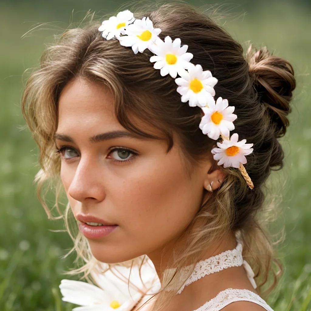 1 corona de flores estilo boho chic - Corona floral de poliéster y spandex, tocado hippie de girasol para novias, accesorios para fotos