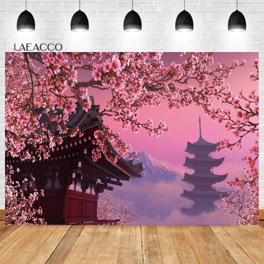 

Laeacco Spring Japanese Mount Fuji Traditional Attic Cherry Blossom Tree Photography Background Kids Adults Portrait Backdrop