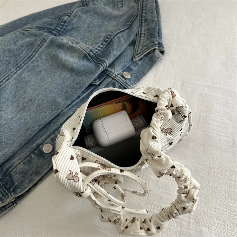 

Small Size Underarm Shoulder Bag Eco Cloth Large Capacity Mini Corduroy Handbag Bowknot Print Pleated Strap