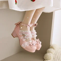 Tacchi alti da donna Mary Jane Pumps Cross Strap Wedding Tea Party White Pink Black Ruffles Bow Maid Princess Cosplay Lolita Shoes