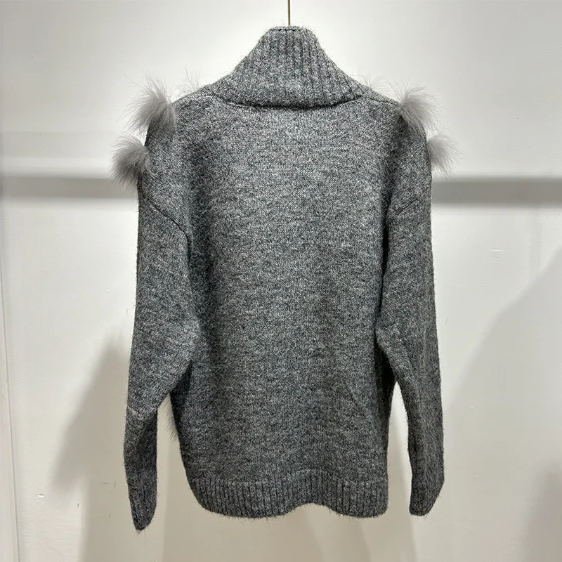 Women Autumn Grey Real Fox Fur Decoration High Collar Sweater Knitted Chocolate Mandarin Collar Light Grey Overcoat
