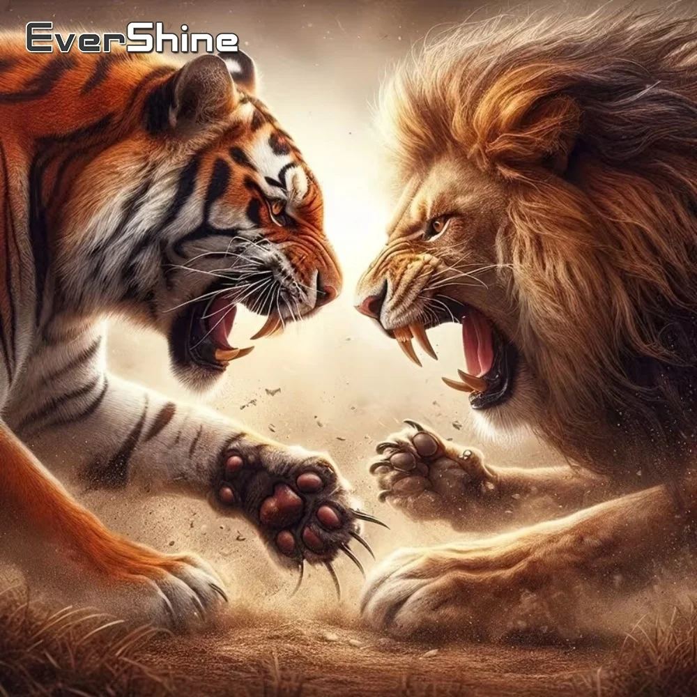 EverShine Vollquadratische und runde Diamant-Stickerei: Tiger & Löwe Tierbild aus Strass-Mosaik – DIY Handarbeit für Hobby-Enthusiasten