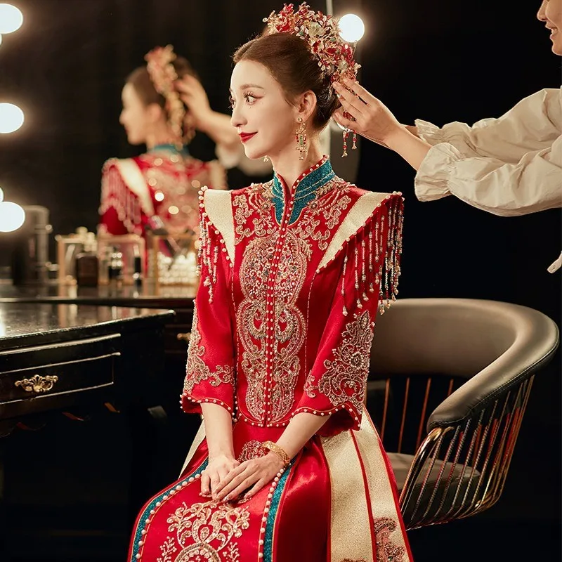 

Новое роскошное свадебное платье в китайском стиле с тостом дракона и феникса, подарок для тяжелой промышленности