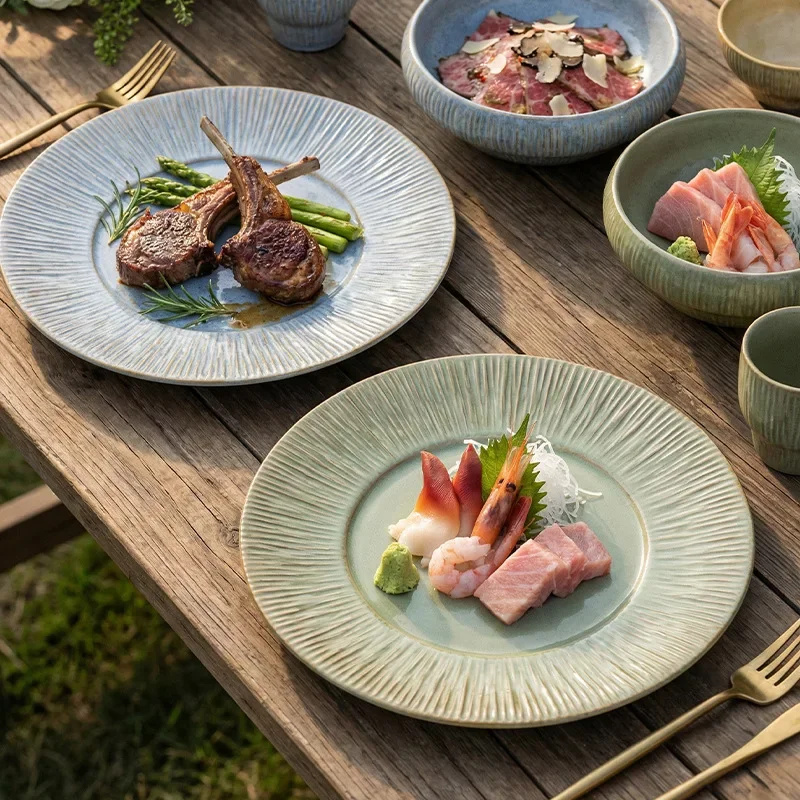 Striped Ceramic Dinner Plate Textured Steak Plate Elegant Tableware Western Food Pasta Salad Table Setting for Home & Restaurant