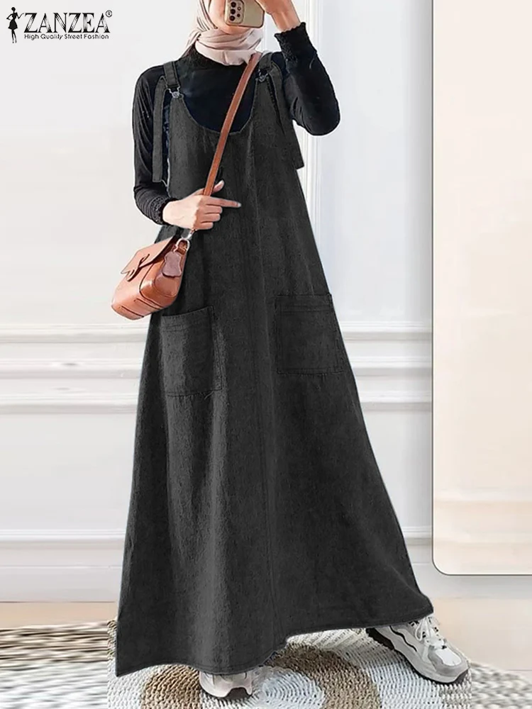 Stilvolles Herbst-Overall-Kleid, muslimisches Abaya, Hijab-Kleider, 2025, ZANZEA, Damen-Vintage-Träger, solide A-Linie, Vestido IsIamic Maxi-Robe