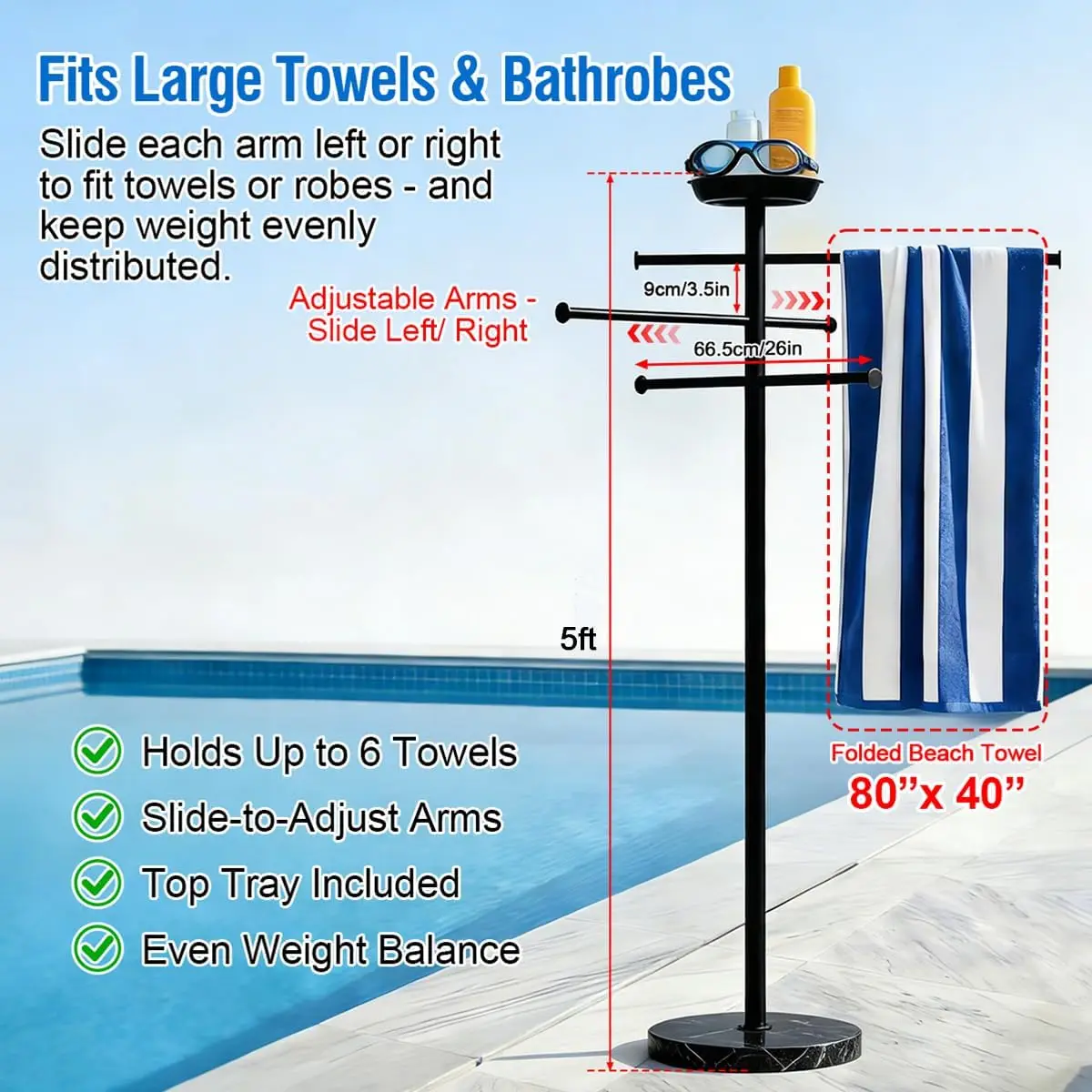 Pool Towel Rack Outdoor, 5ft Tall Black Coated 304 Stainless Steel Hot Tub Towel Rack with Marble Weighted Base, Tip-Resistant &