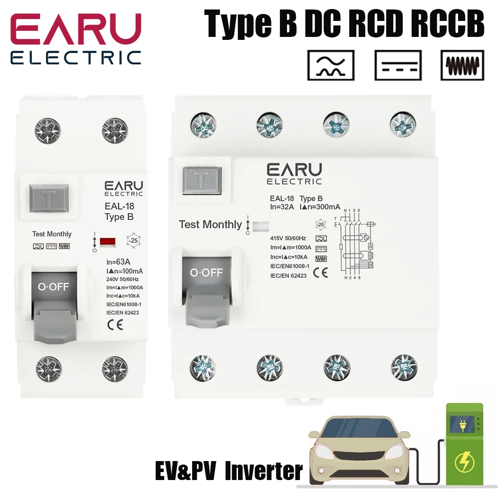 

2P 4P 10/30/100/300mA Electric Vehicle EV Charging Pile Residual Current Breaker DC RCCB RCD Type B 6KA Din Rail Earth Leakage