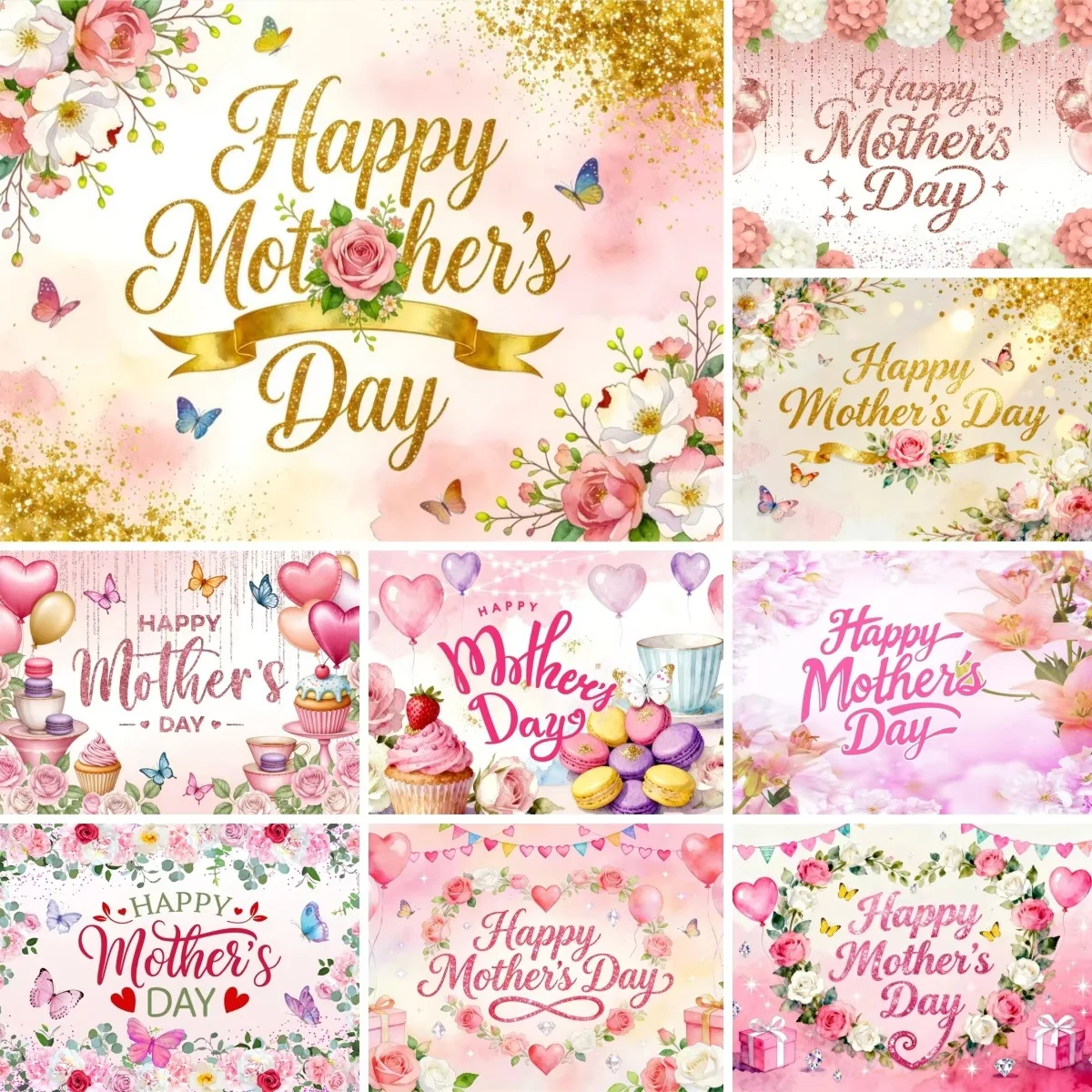 1 Stück Muttertags-Hintergrundtuch, Blumen-Schmetterling-Glitzer-Party-Fotohintergrund, Blumen-Kuchen-Herz-Party-Fotorequisiten