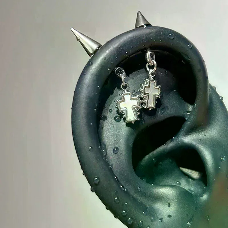 Silver Color Pointed Cone Cross Pendant Ear Bone Nail For Women Earring Puncture Gothic Cochlea Accessories
