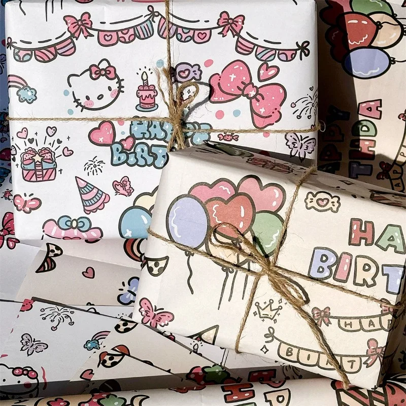 

Kawaii Sanrio Hello Kitty Happy Birthday Ins Wind Daily Gift Wrapping Paper Packaging Paper High Appearance Level A Set of Six