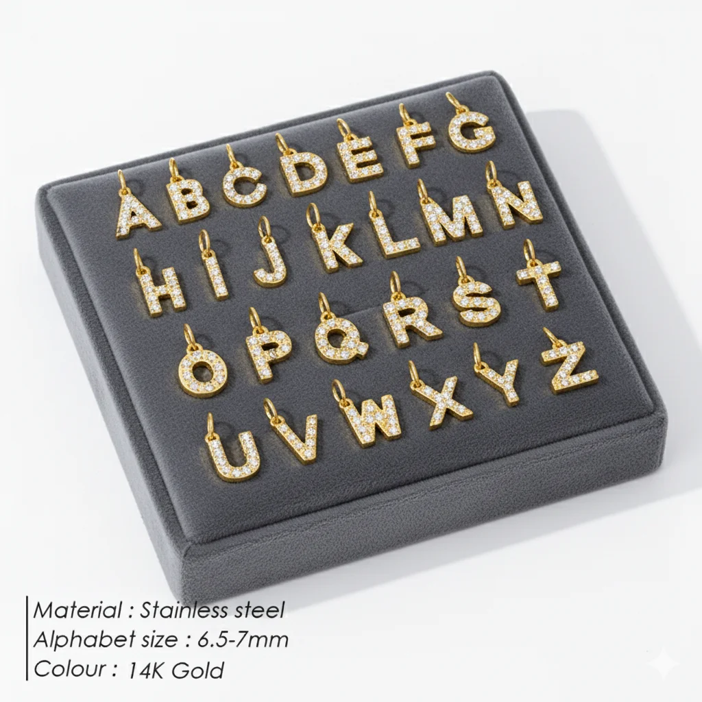St-Delan Stainless Steel CZ Paved Initial Letter Charms 6.5-7mm Crystal Alphabet Pendants for Jewelry Findings