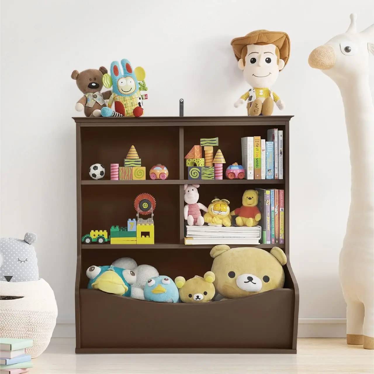 Organizador de brinquedos infantis, aberto, armário de livros e brinquedos, armazenamento de livros e brinquedos