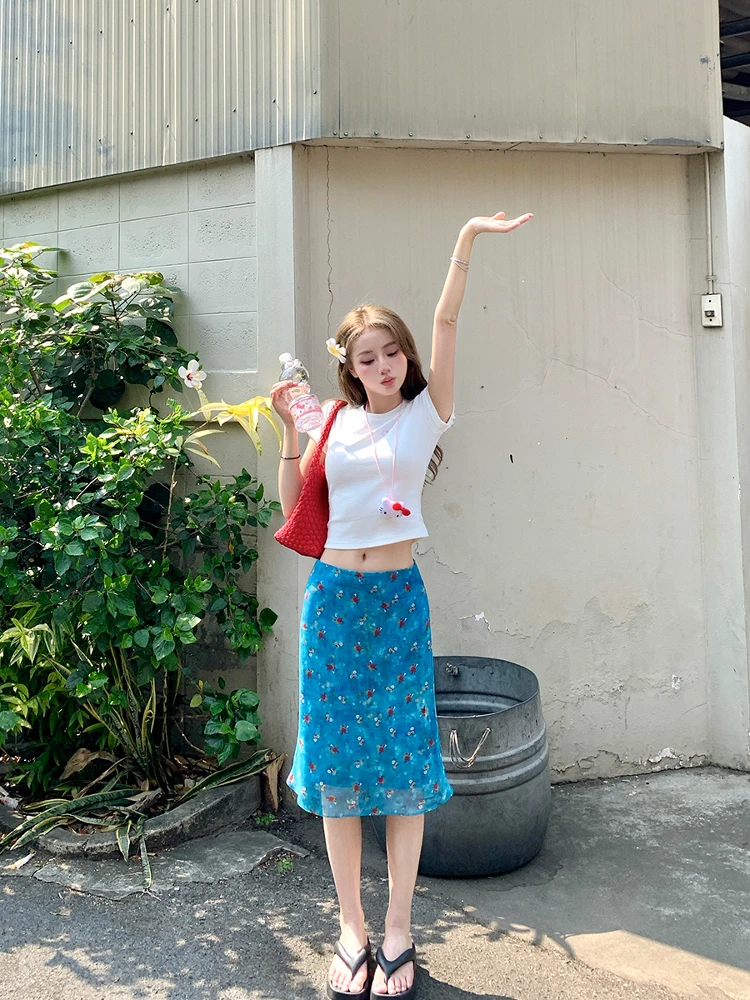 Blue Floral Print Chiffon Straight Midi Skirt Ele Zipper Design mid Waist Spring Summer Faion Painting Fi Tail Skirt