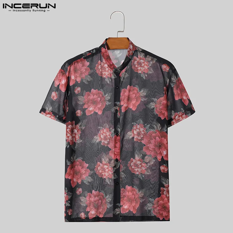 INCERUN Men Shirt Flower Printing Stand Collar Transparent Summer Men Clothing Streetwear 2024 Sexy Fashion Casual Camisas S-5XL