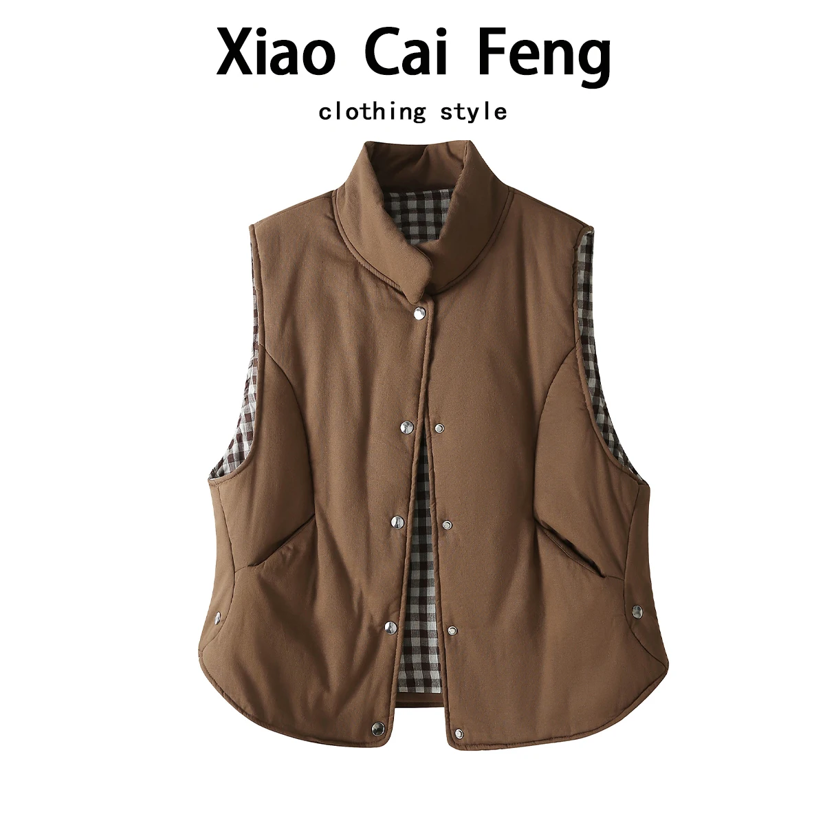 

Retro Linen Stand Collar Jaet Women's Winter Outerwear Warm Thiened Svel Cotton Vest Coat Buttoned Plaid Design