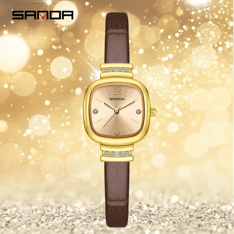 SANDA أفضل ماركة ساعات نسائية مقاوم للماء موضة ساحة الماس جلدية كوارتز ساعة فاخرة للسيدات ساعة اليد هدية صديقة