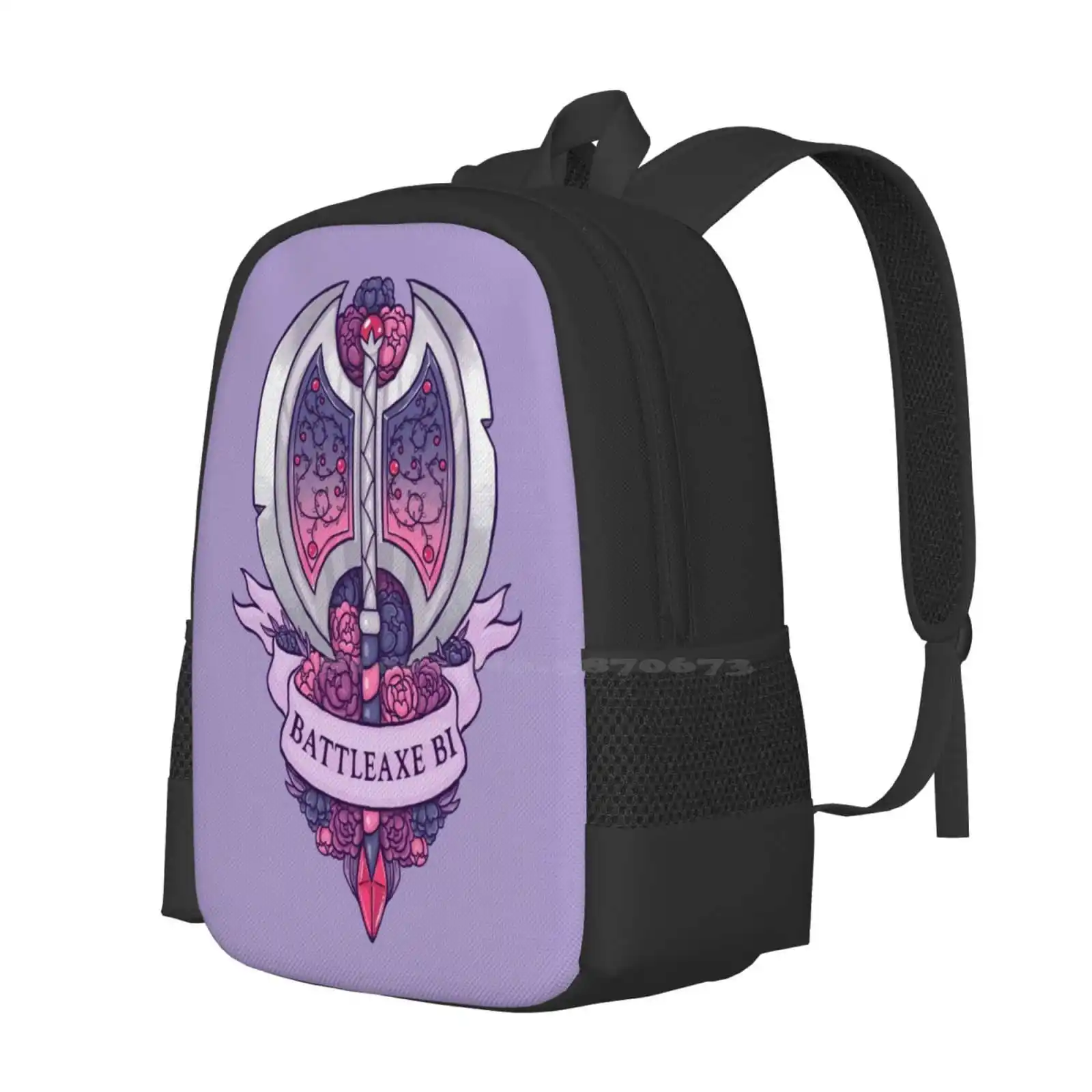 Battleaxe Bi Backpack For Student School Laptop Travel Bag Battleaxe Flowers Peony Ribbon Dnd And Dragons Weapons Bisexuality