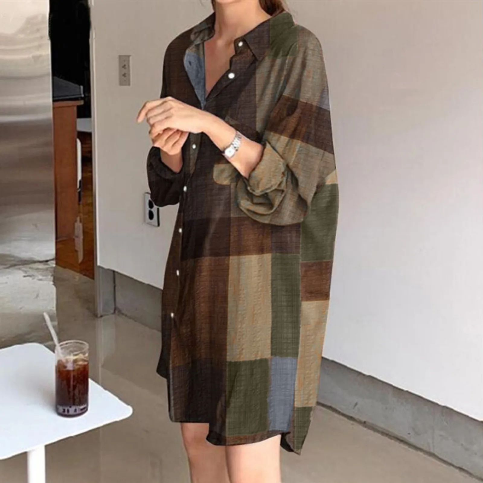 Women\'S Fashion Casual Plaid Print Lapel Single-Breasted Panel Straight Long Sleeve Loose Shirt Dress Vestidos En Oferta Liquida