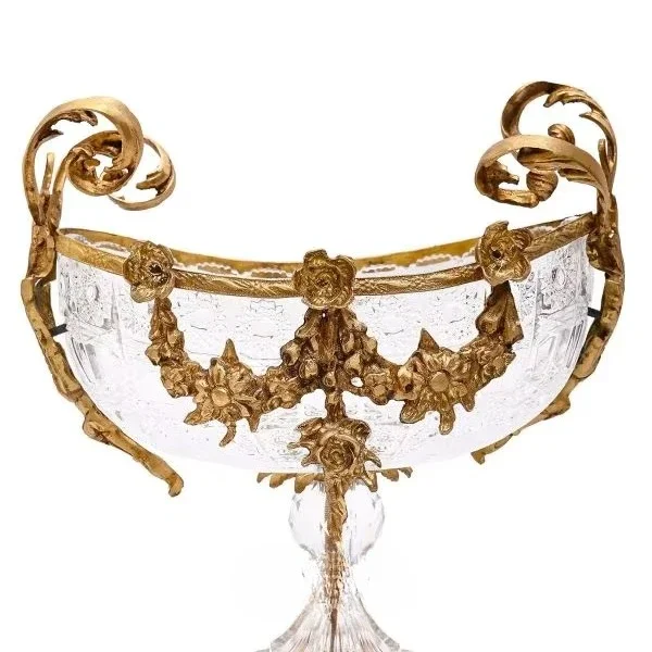 Antique Crystal and Aged Brass Decorative Center Set with Gorgeous Gold Decorations and Two Matching Vases
