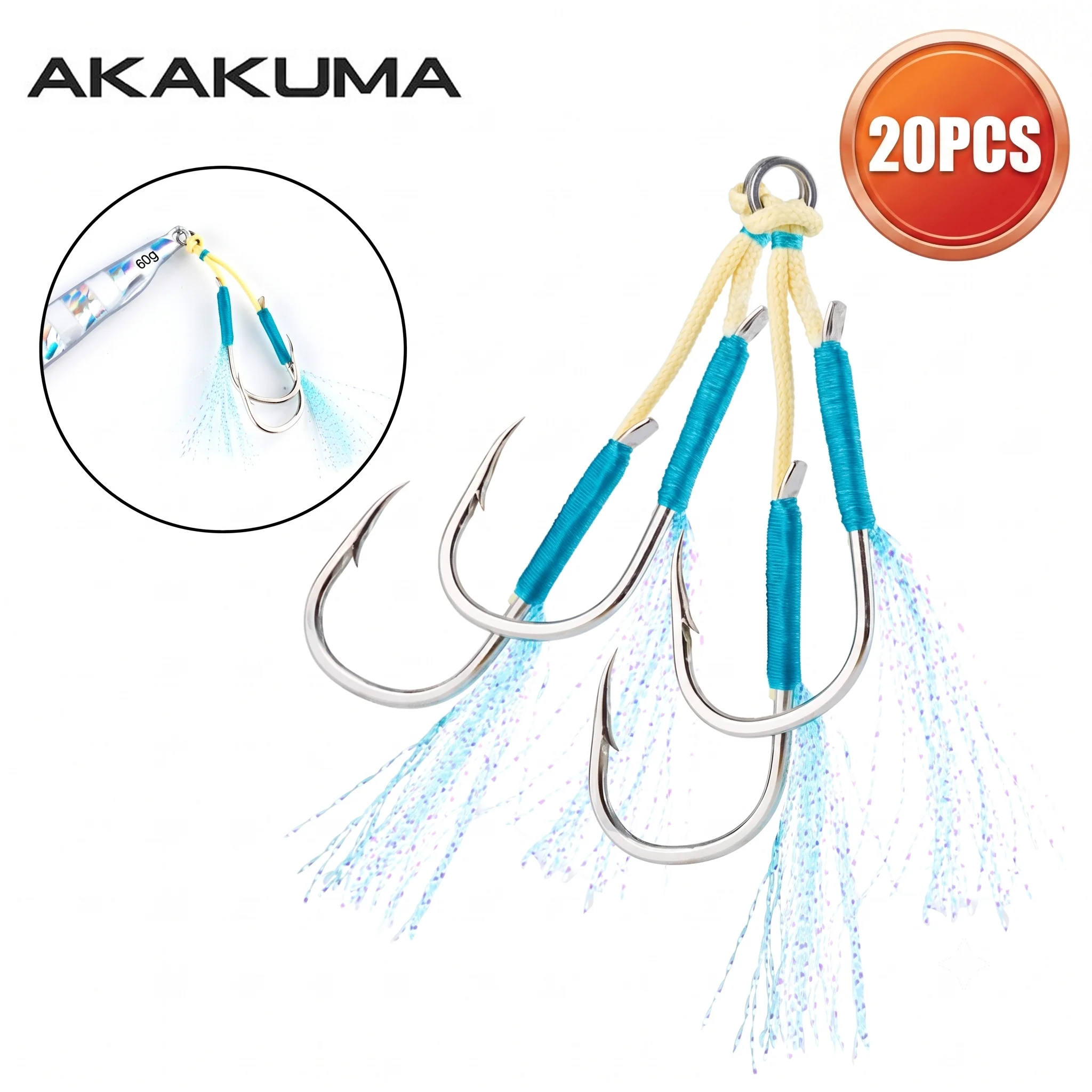 Lot de 20 hameçons assistés pour jigging en eau de mer, à double ardillon, en acier à haute teneur en carbone, pour la pêche en mer