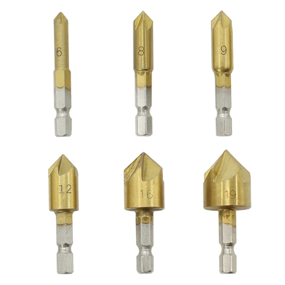 Juego de brocas para desbarbado de avellanado, juego de brocas de avellanado de titanio HCS, 5 flauta, cortador de chaflán, 6 piezas/8 piezas