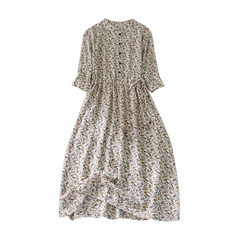 Anti-Aging Floral Cotton Linen Long Waist-Cinching Stand Collar Summer Dr Button-Up Slimming irt Dr for Women