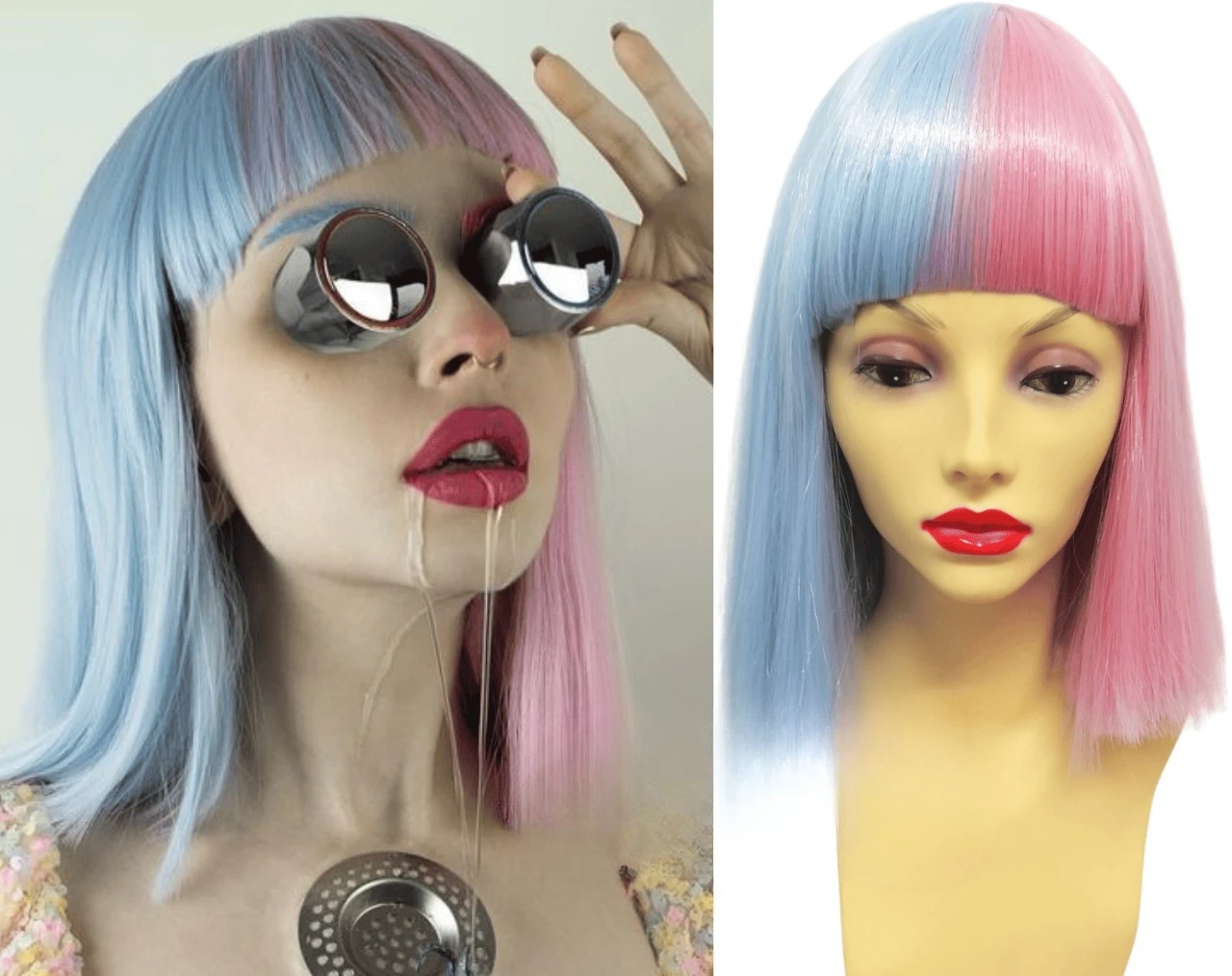 DELUXE HALF PASTEL BLUE HALF PALE PINK SPLIT DYE COLOUR SHORT BOB WIG WITH BANGS