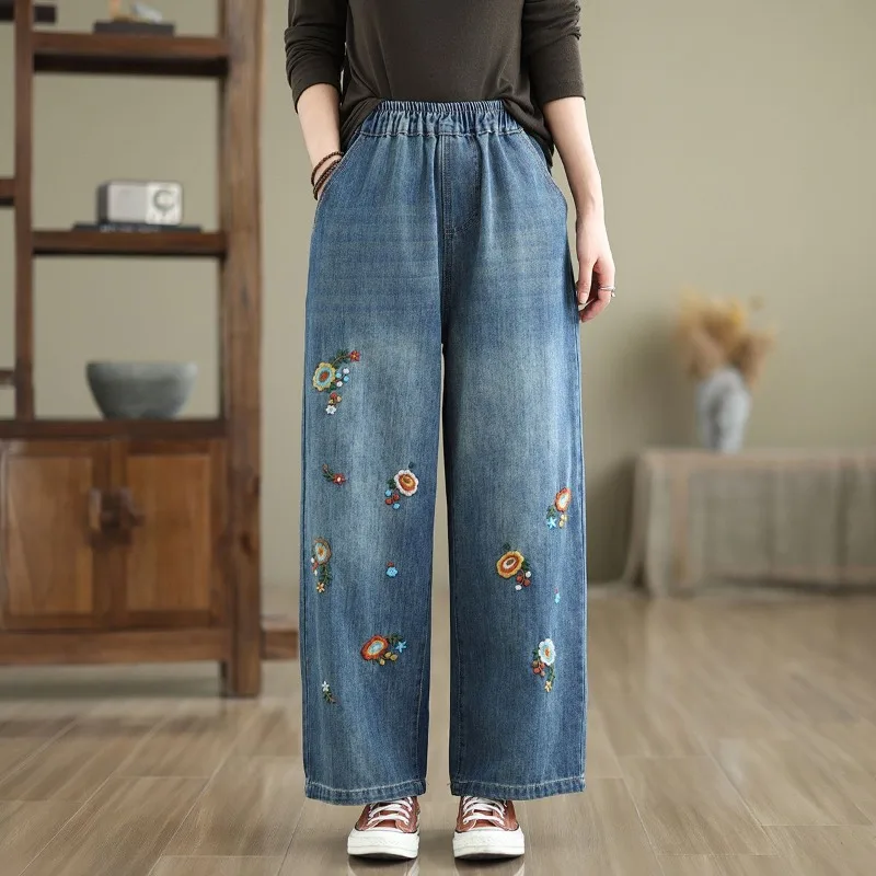 

y2kwoman jeans denim Autumn Elastic High Waist Embroidered Jeans Women Plus Size Loose Straight Wide Leg Denim Pants Slim Casual