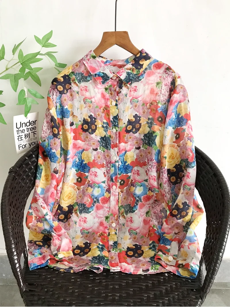 Enianechu Fibra naturale sana 100% ramiè Stampa floreale Camicie e camicette a maniche lunghe Traspirante Autunno Abbigliamento donna