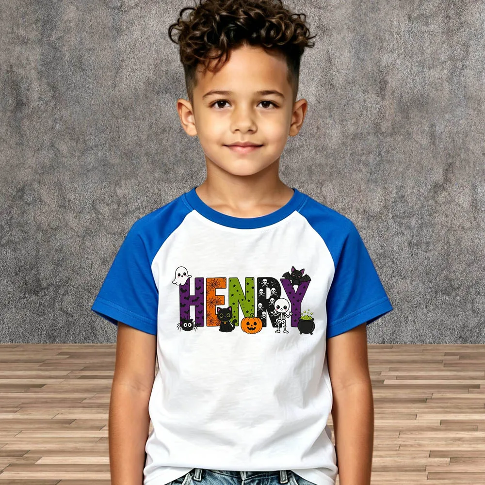 Ghost Pumpkin Bat Design Personalized Toddler Halloween Shirt Custom Name Tee Cotton Short Sleeve Boys Girls Children Daily Tops